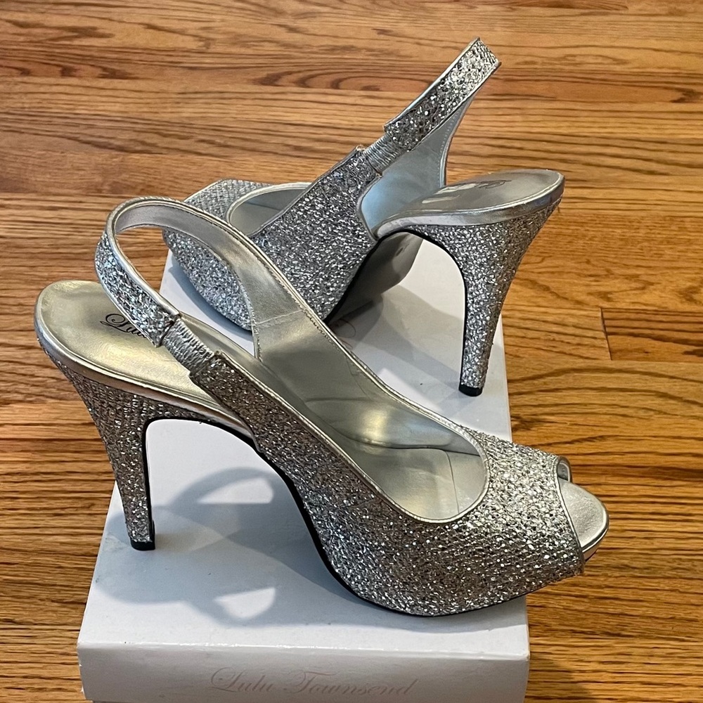 Lulu Townsend Silver Mesh Glitter Shoes Nightout size 10 Heels NEW